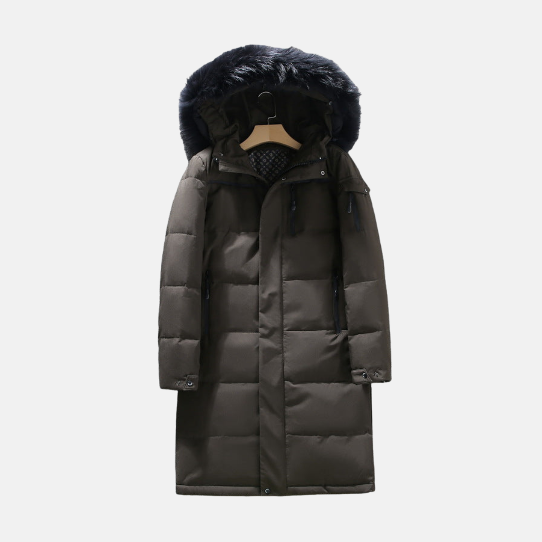 Men's black longline puffer coat with faux fur hood trim, matte exterior, urban winter style