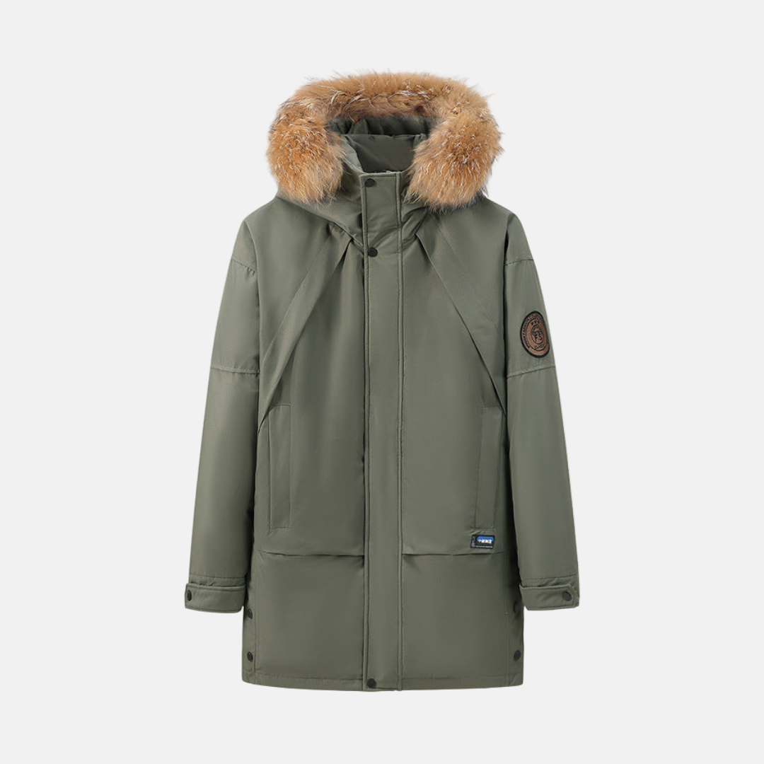 Men's navy parka hooded coat mid-thigh length with detachable faux fur trim warm outerwear