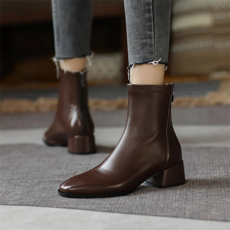 Women's genuine leather ankle boots round toe polished cowhide durable daily wear bold style