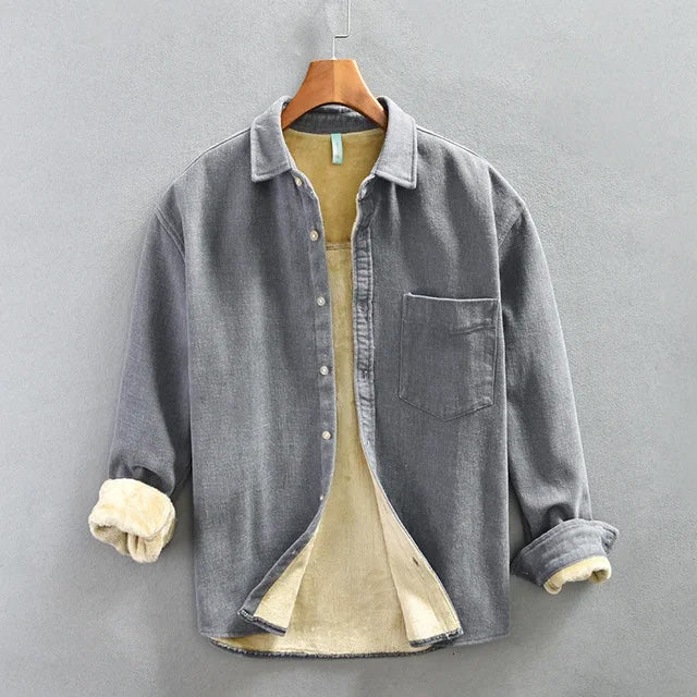 Brycen Shirt navy blue smart-casual cotton button-up with cozy velvet lining