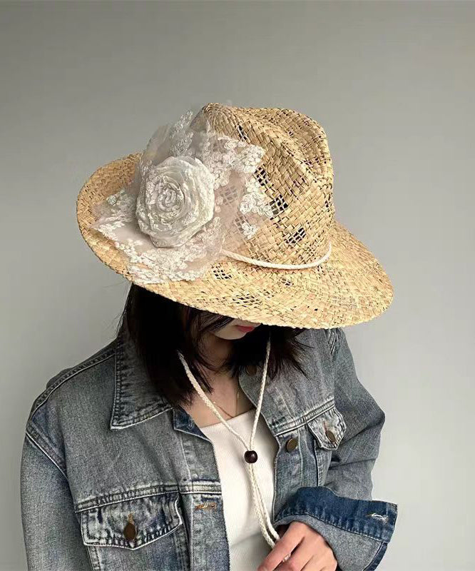 Chapeau de cowboy en paille tissΓ©e ajourΓ©e avec dentelle et fleurs, fait Γ la main - Wavlynn