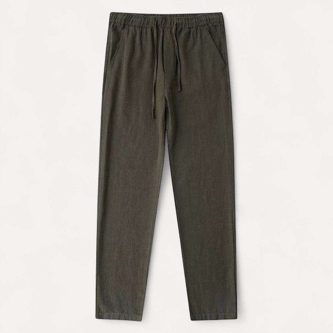 Harrison beige linen drawstring pants tapered leg relaxed fit with adjustable waistband