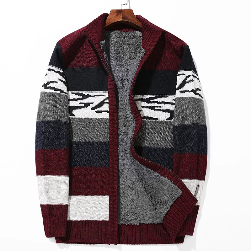 Color-block wool cardigan with bold patchwork design, ribbed edges, sherpa-fleece lining, straight silhouette