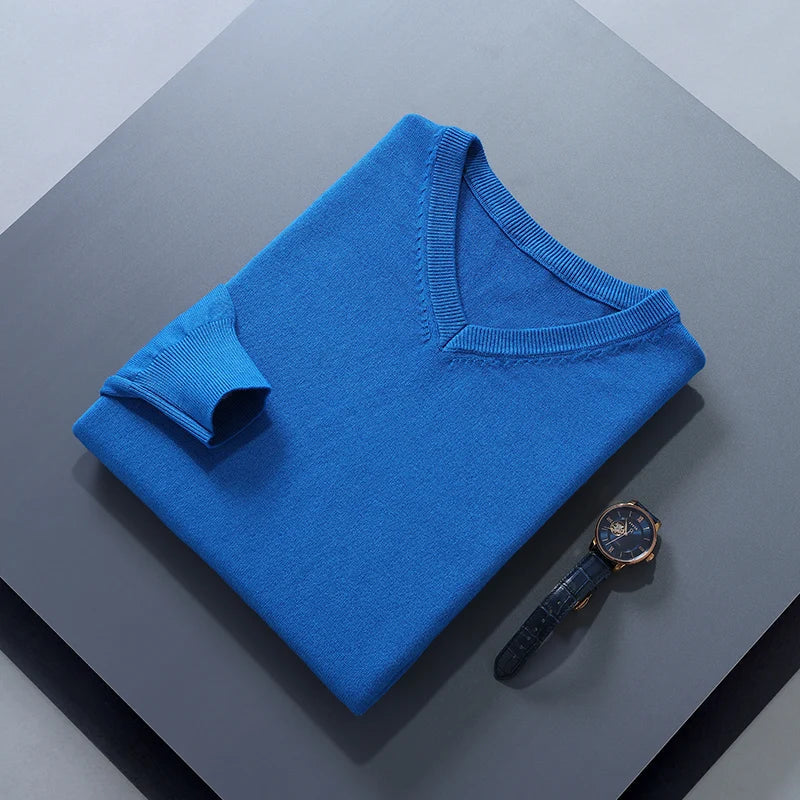 Charcoal wool blend V-neck sweater with refined business casual cut and breathable premium fabric