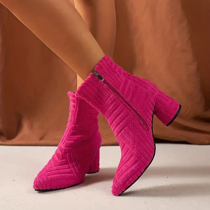 Women's chunky heel knitted ankle boots with textured knit upper and side zipper closure