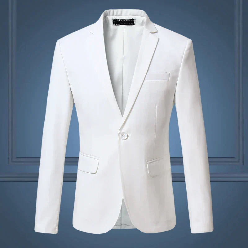 Men's navy tailored fit single-button blazer with notch lapel, slim silhouette for smart casual elegance