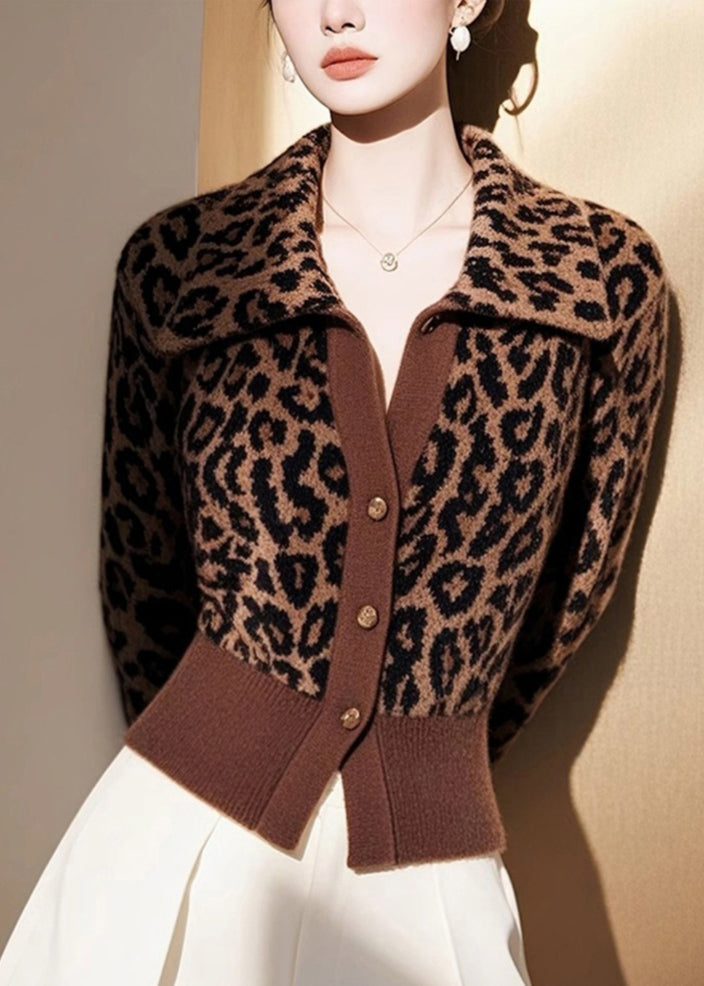 Cardigans en tricot Γ boutons et col Peter Pan motif lΓ©opard italien, printemps - Wavlynn