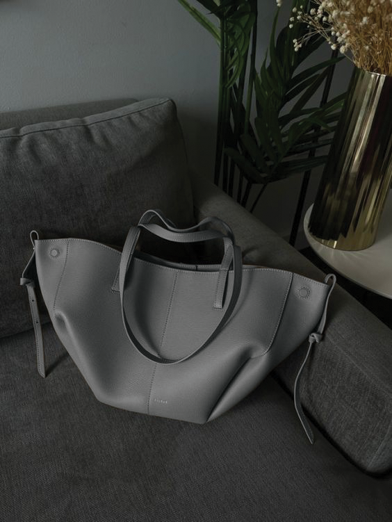 Wavlynn Caroline oversized structured grain leather tote bag with cinched sides, trapezoid silhouette