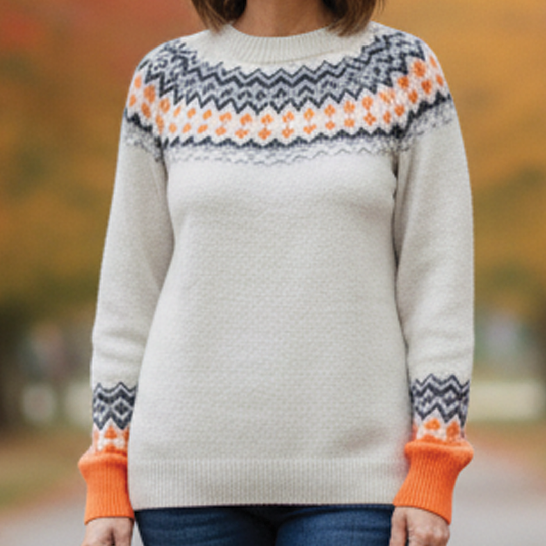 Multicolor jacquard knit pullover sweater with intricate textured pattern, cozy soft-touch fabric for fall