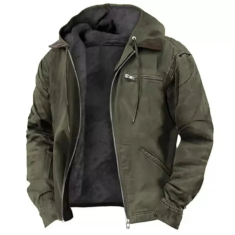 Men's thick hooded winter jacket with plush fleece lining, heavy-duty zipper, and practical pockets