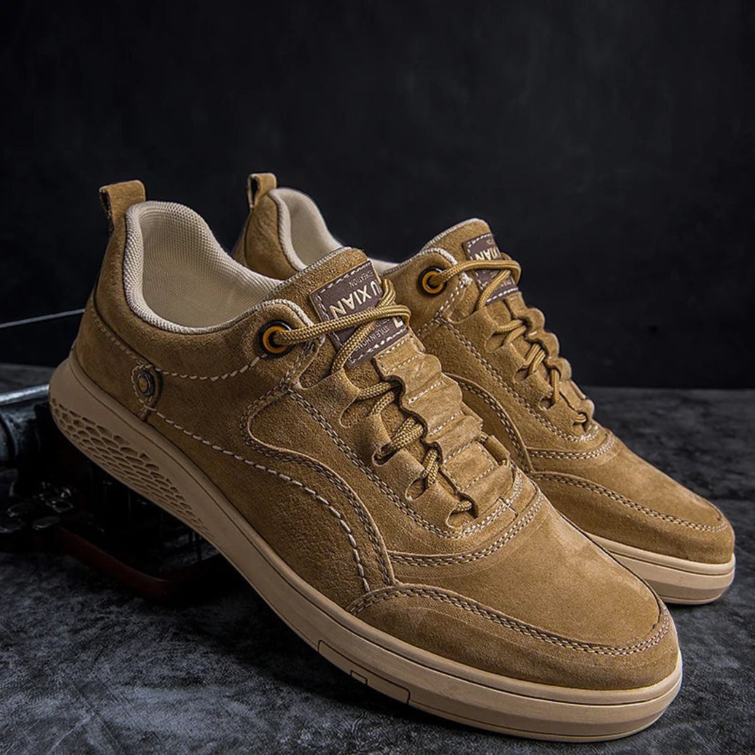 Kai Vortex suede sneakers in neutral tones, sleek lace-up design with slip-resistant lightweight sole