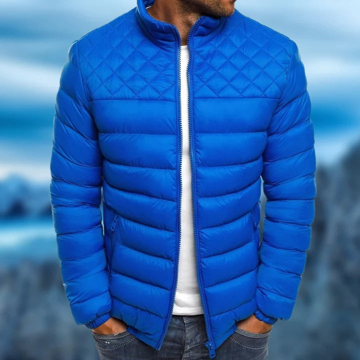 Men's black insulated quilted puffer jacket with polyester shell modern slim winter fit