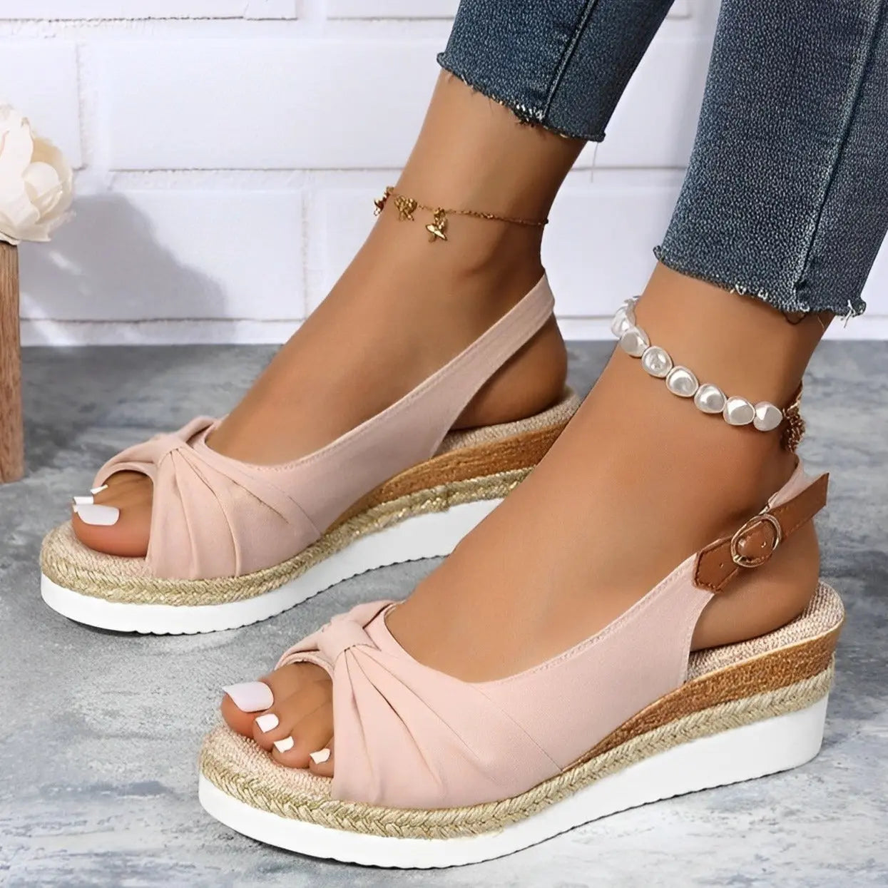 Women's beige espadrille wedge sandals with chic knot vamp detail, cushioned sole, casual-chic style