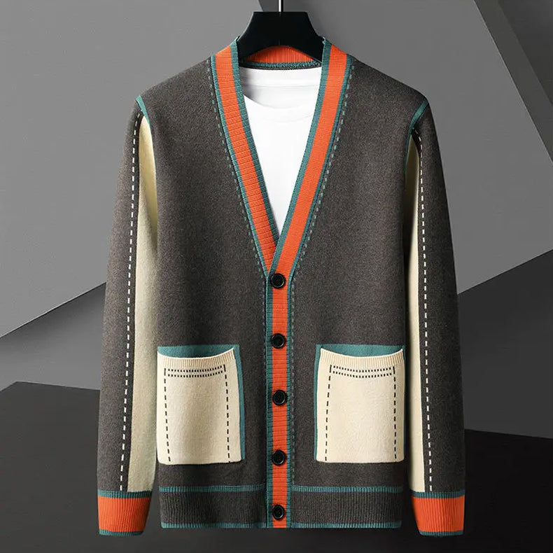 Ivory geometric knit unisex cardigan in merino wool-cotton blend with structured silhouette