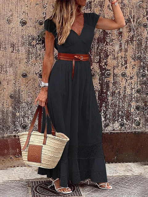 Women's flowy maxi dress with delicate lace accent, V-neck, elastic waistband, elegant lightweight design