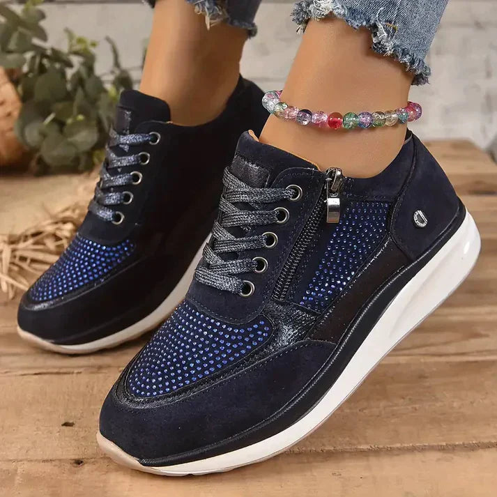 Women's white lace-up sneakers with side zipper closure, sporty silhouette for everyday comfort