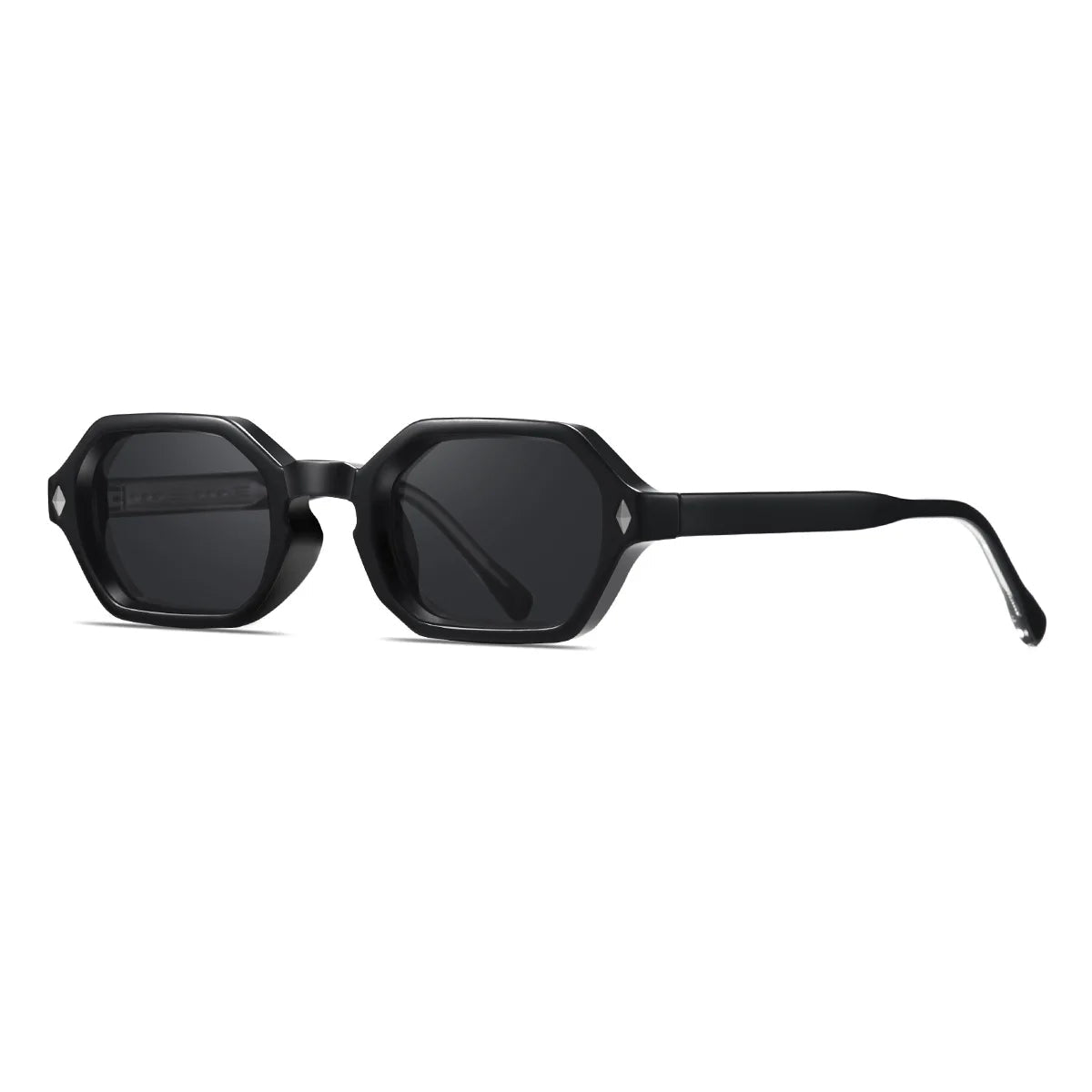 Black angular octagon sunglasses with polished frame, dark UV-protected lenses, bold geometric style