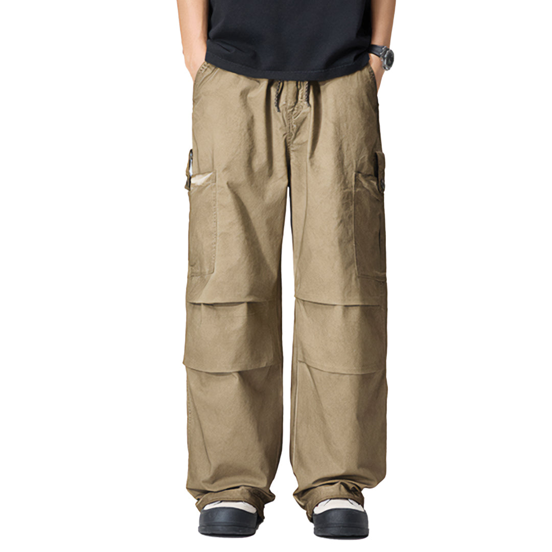 Dutton beige cargo trousers relaxed fit with stitched knee pleats and drawstring hem