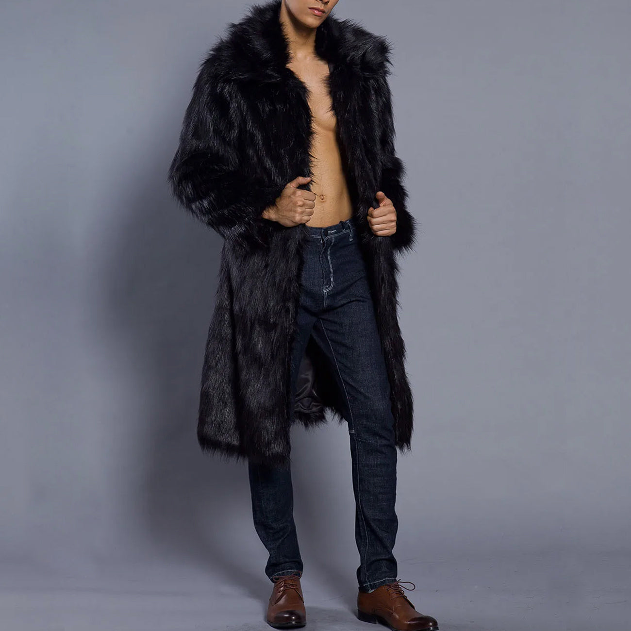 Lorenzo Vitali ivory faux-fur full-length coat with dramatic wide shawl collar tailored silhouette
