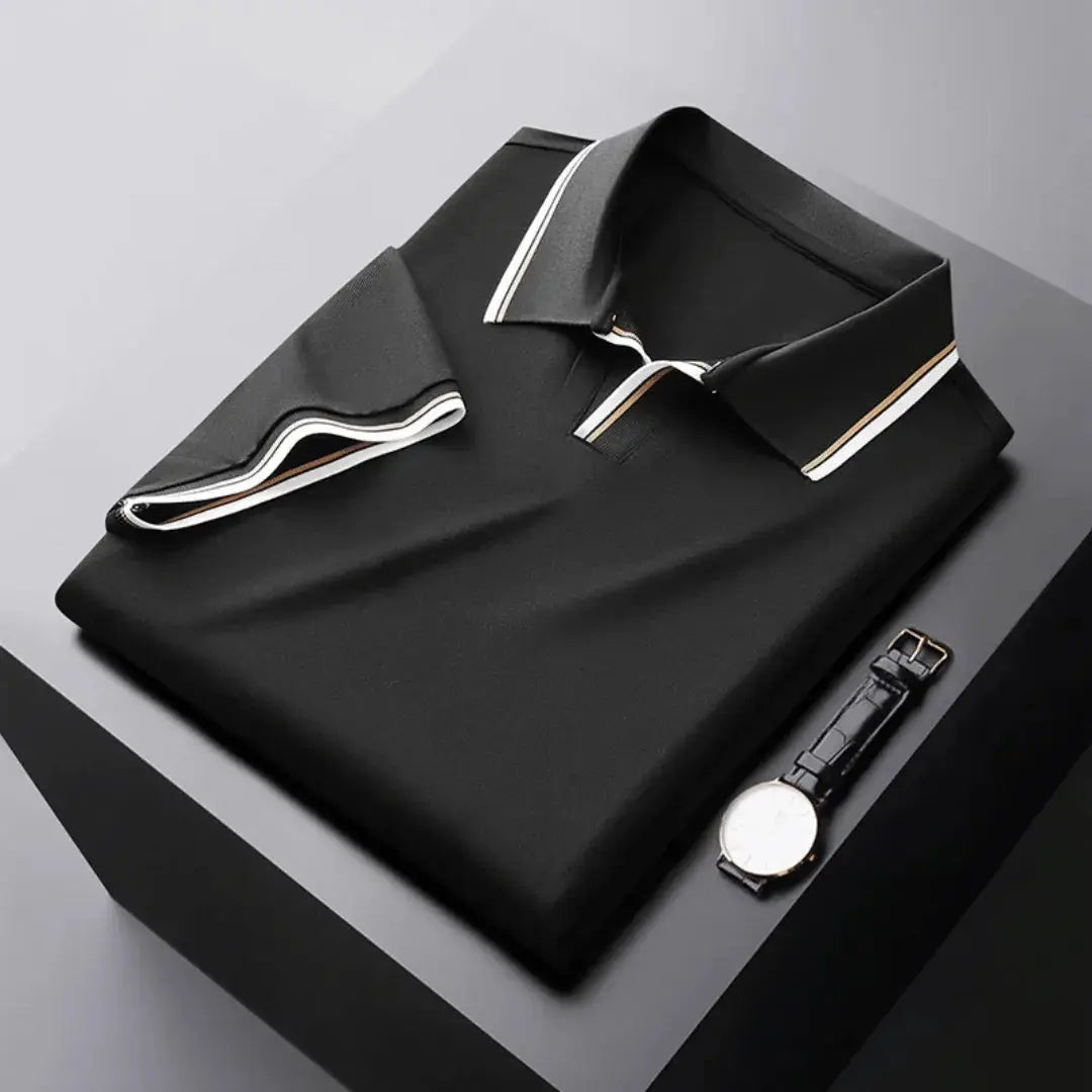 Navy blue elegant polo shirt with contrast collar trim, modern slim fit, premium fabric by Wavlynn