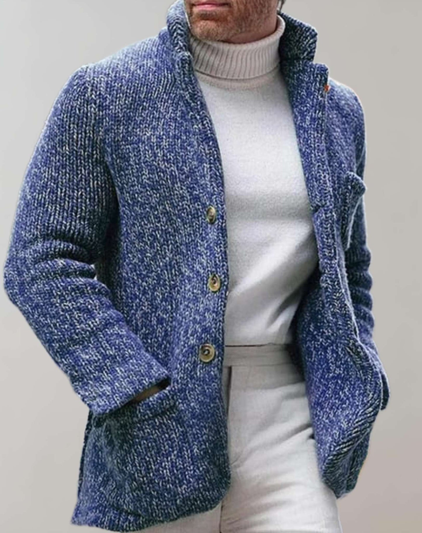 Men's chunky knit wool cardigan relaxed fit standing collar button front layered sweater