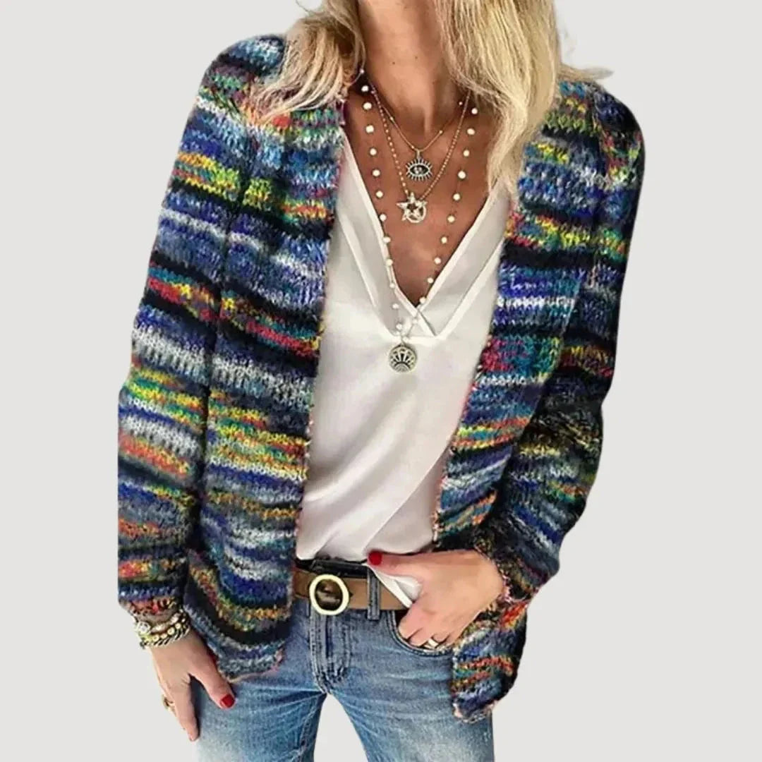 Luna chunky knit open-front cardigan with bold colorful stripes and relaxed bohemian silhouette
