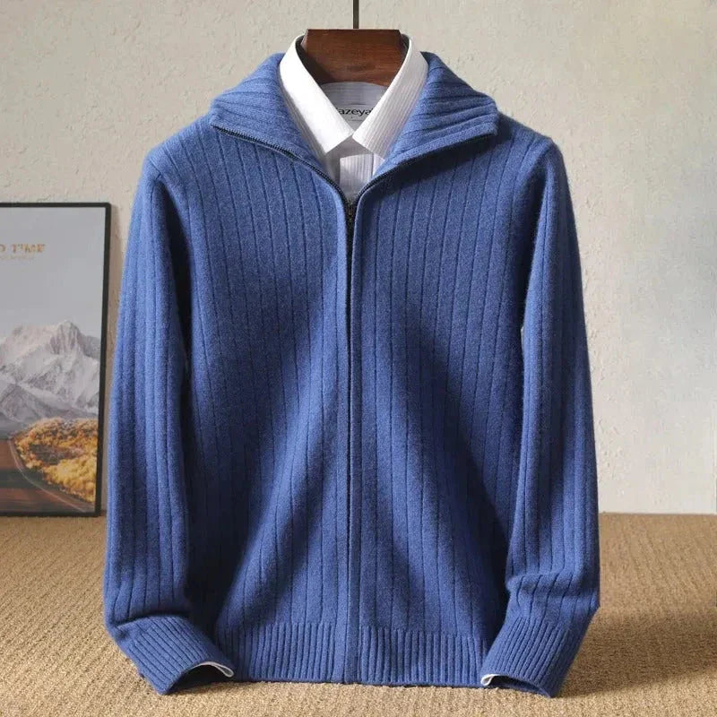 Monroe ribbed zip-up wool cardigan with fold-down collar, tailored fit, timeless elegant style