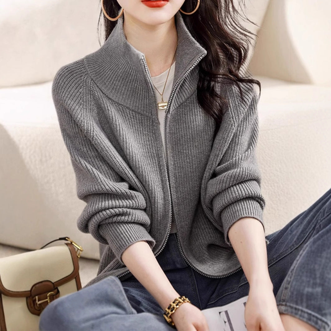 Caramel brown cashmere zip cardigan sweater with standing collar, soft knit cozy fit for women