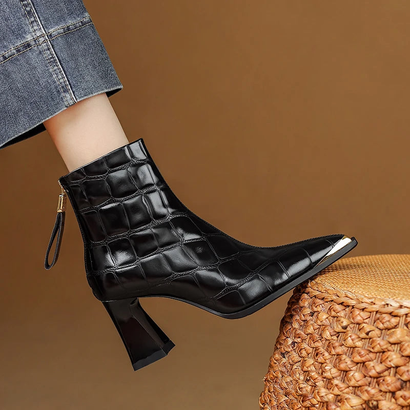 Marcella genuine crocodile-embossed leather pointed-toe boots in rich textured finish