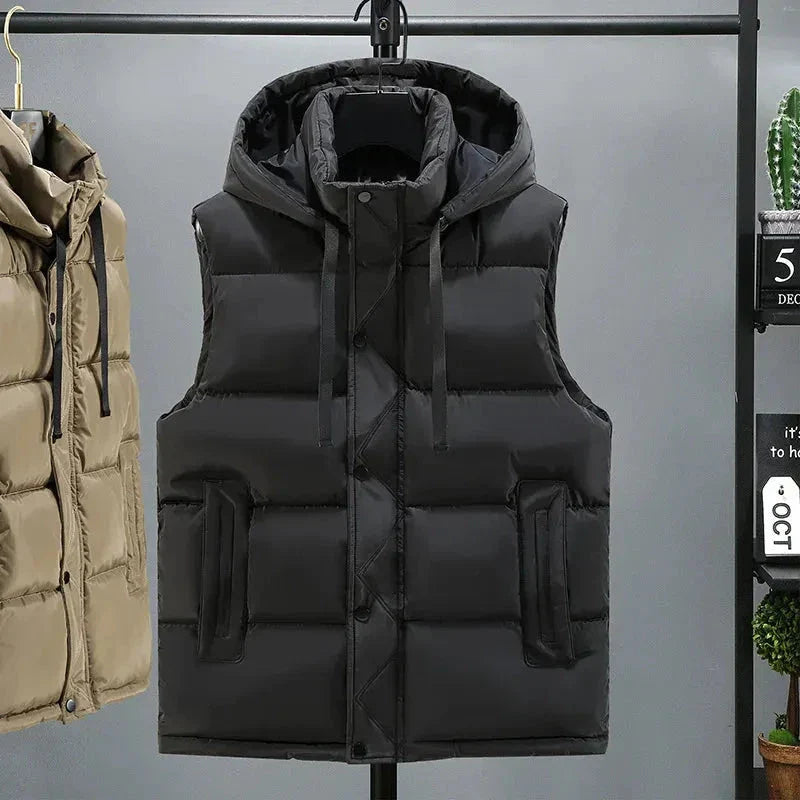 Marco quilted puffer vest in neutral tone with adjustable hood and lightweight snap button closure