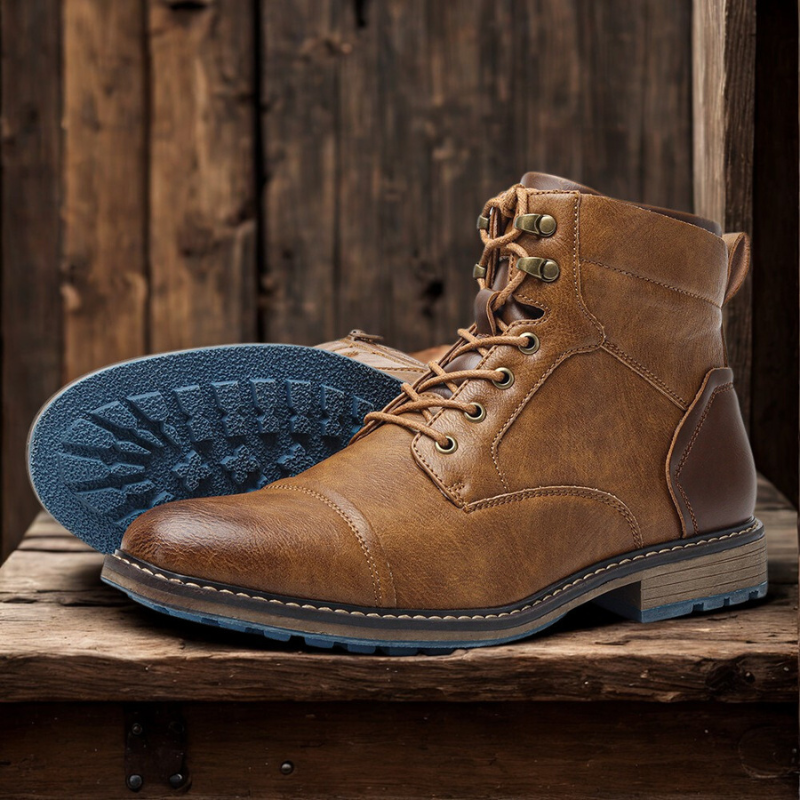 Men's brown PU leather high-top boots cap toe lace-up side zipper lug sole rugged outdoor style