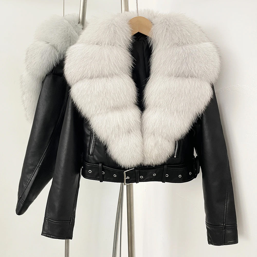 Black faux leather aviator jacket with voluminous tiered real fur collar and belted waist
