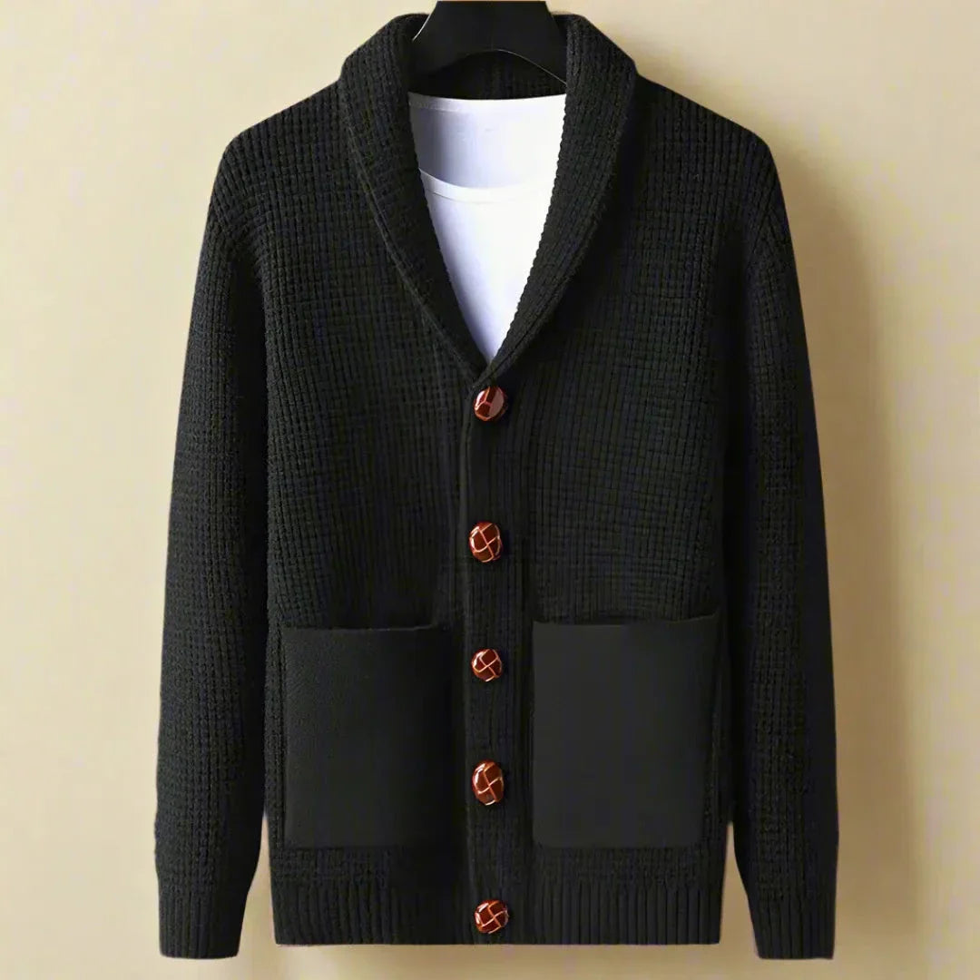 Classic shawl collar waffle-knit cardigan with front patch pockets and button closure