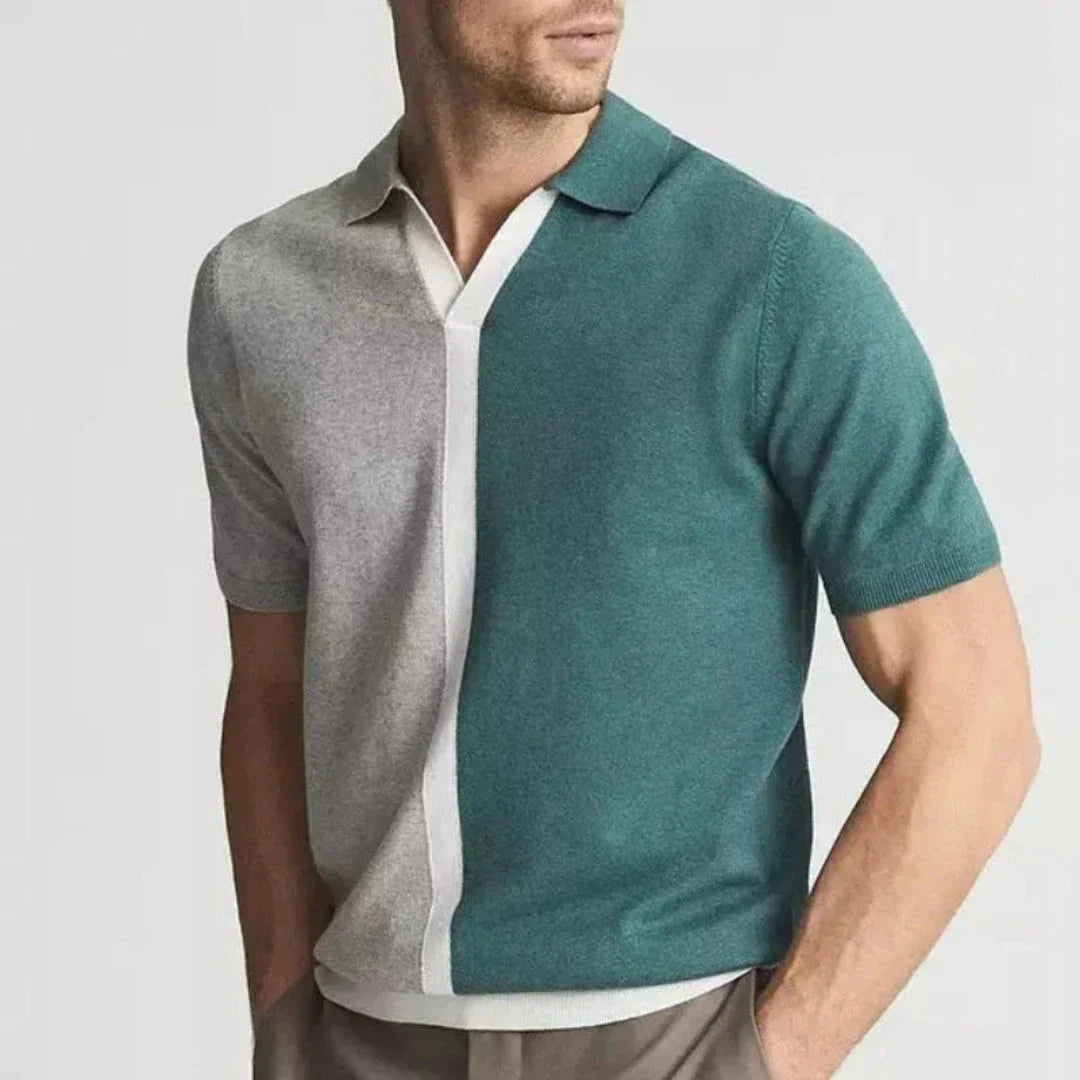 Men's blue white two-tone contrast knit polo shirt with vertical panel trim by Waylynn Matthew