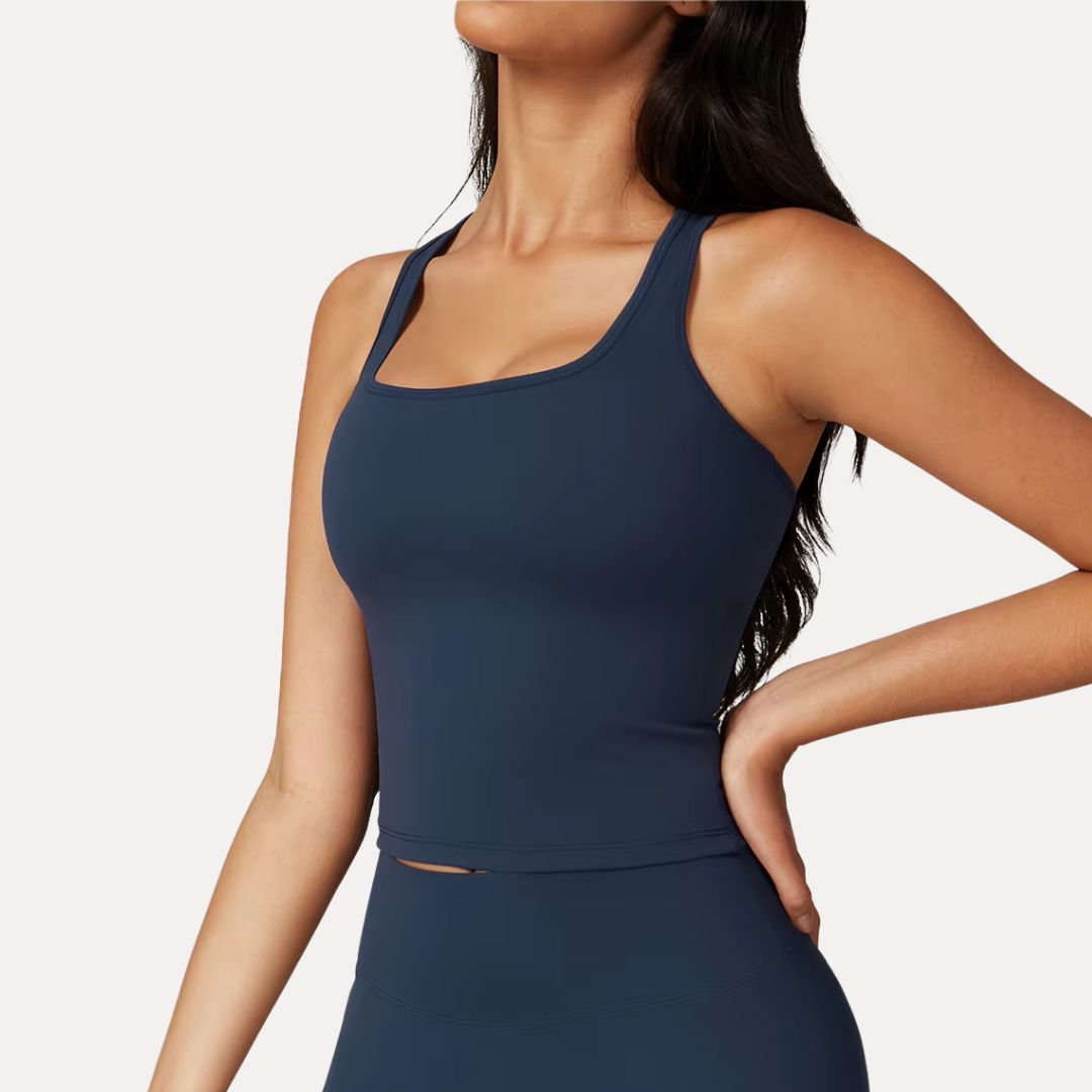 Maureen white square-neck active racerback tank with moisture-wicking four-way stretch fabric