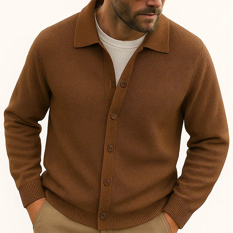Men's casual knit cardigan beige turn-down collar button-front hip-length layering piece