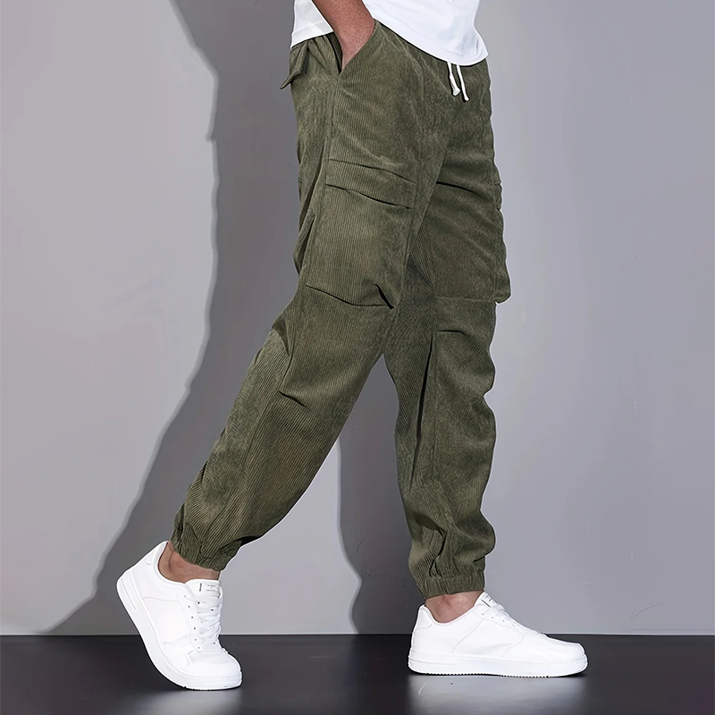 Men's brown corduroy cargo jogger pants with drawstring waist and multi-pocket streetwear design
