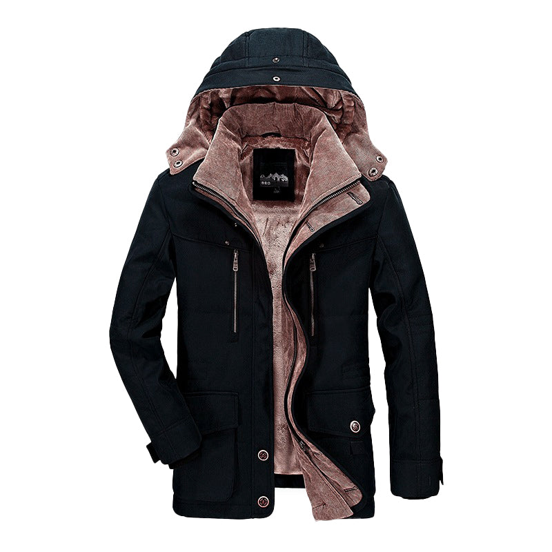 Men's padded fleece winter jacket with detachable hood, stand collar, deep pockets, durable shell