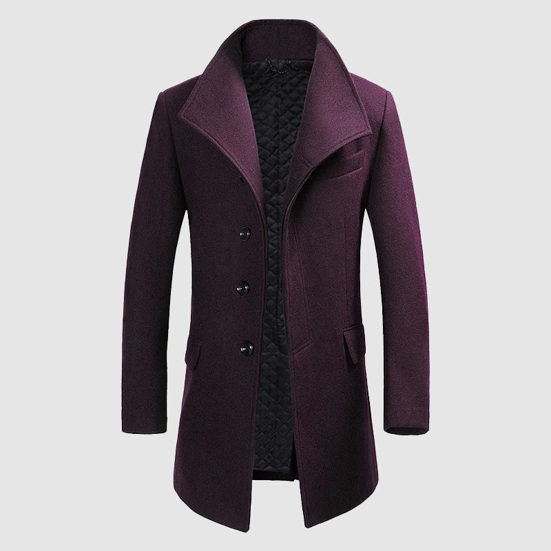Men's charcoal Merino wool blend overcoat tailored fit high stand-up collar formal style