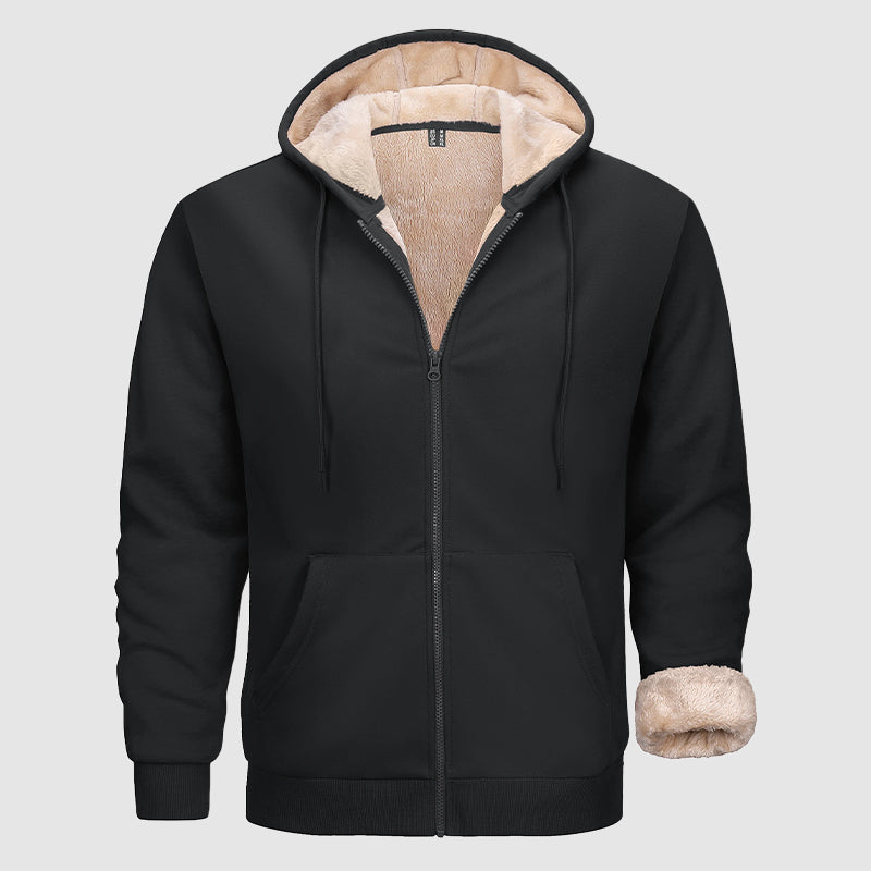 Men's olive zip hoodie with plush sherpa lining, multi-pocket design, cold-weather outerwear by Wavlynn