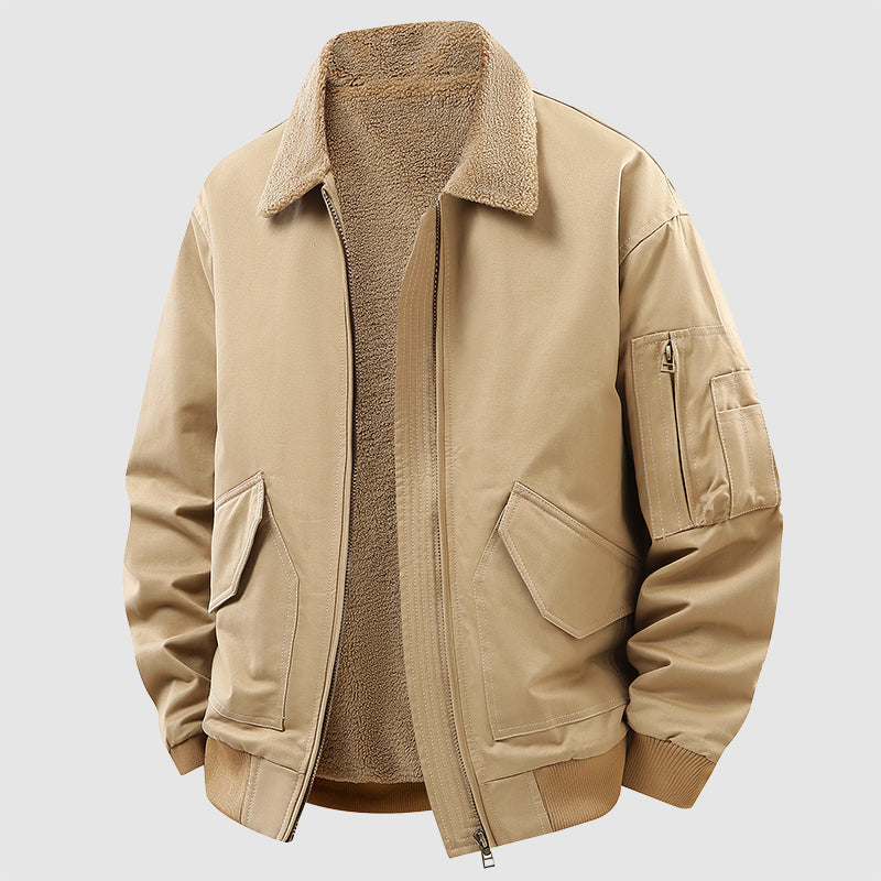 Men's black thick cotton bomber jacket with fleece lining and zip front closure for winter warmth