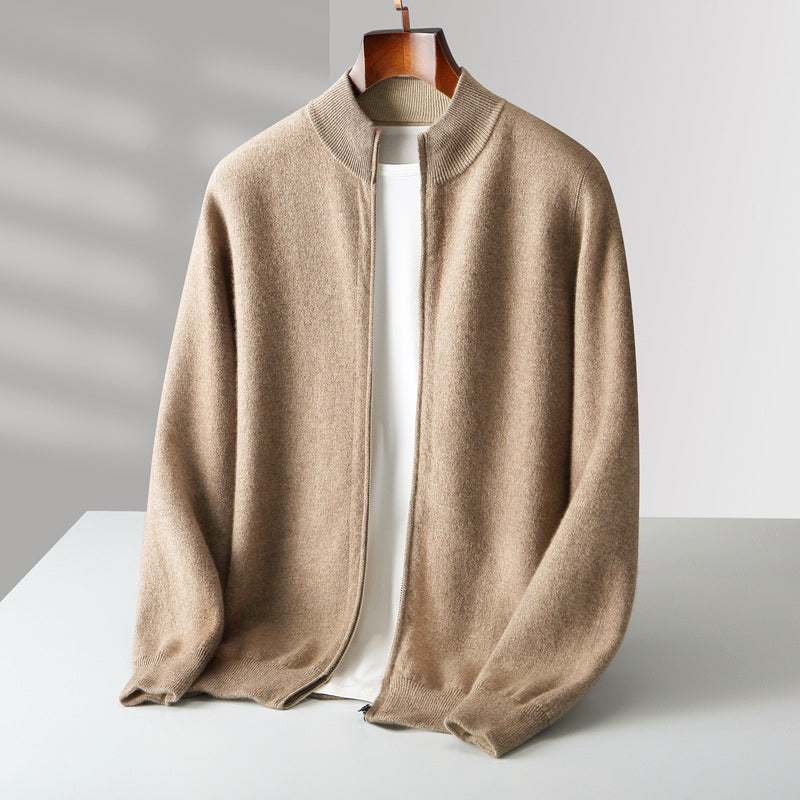 Men's wool zip-up cardigan stand collar slim fit layered casual style natural warm texture