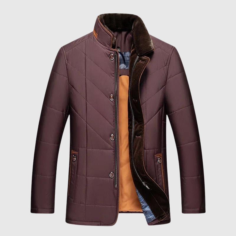 Men's quilted insulated winter jacket with fur lined stand collar in tailored fit
