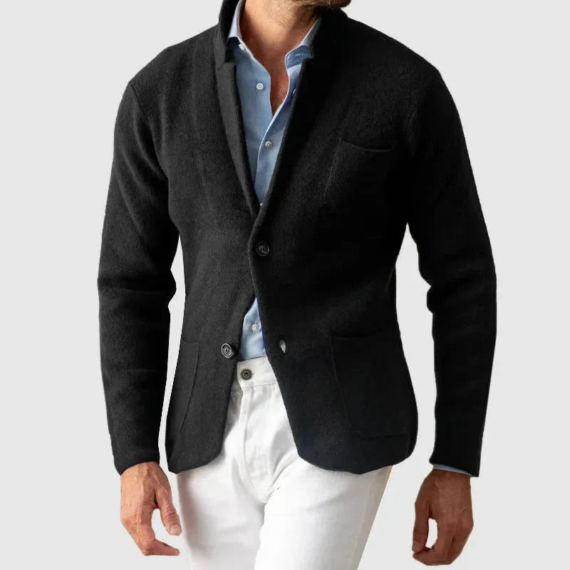 Men's navy knit blazer cardigan-style two-button smart casual jacket with tailored relaxed fit