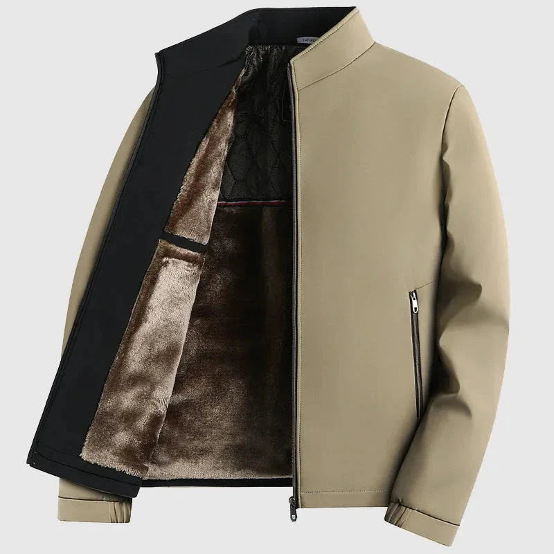 Men's black thermal winter jacket fleece faux fur lined stand collar full zip windproof shell