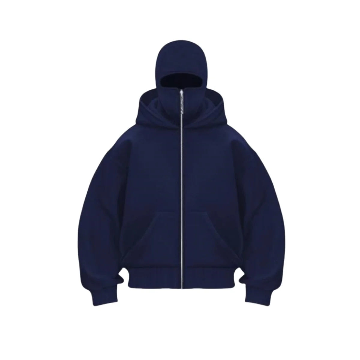 Men's winter full zip hoodie jacket with built-in face cover, sleek modern silhouette for outdoor sports