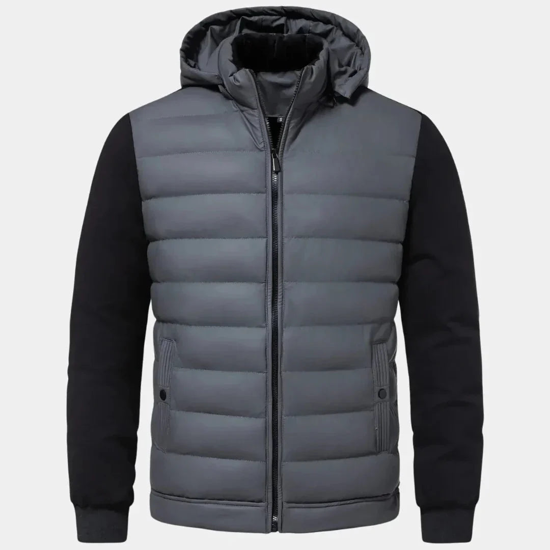 Wavlynn men's hybrid puffer jacket black quilted body soft knit sleeves detachable hood