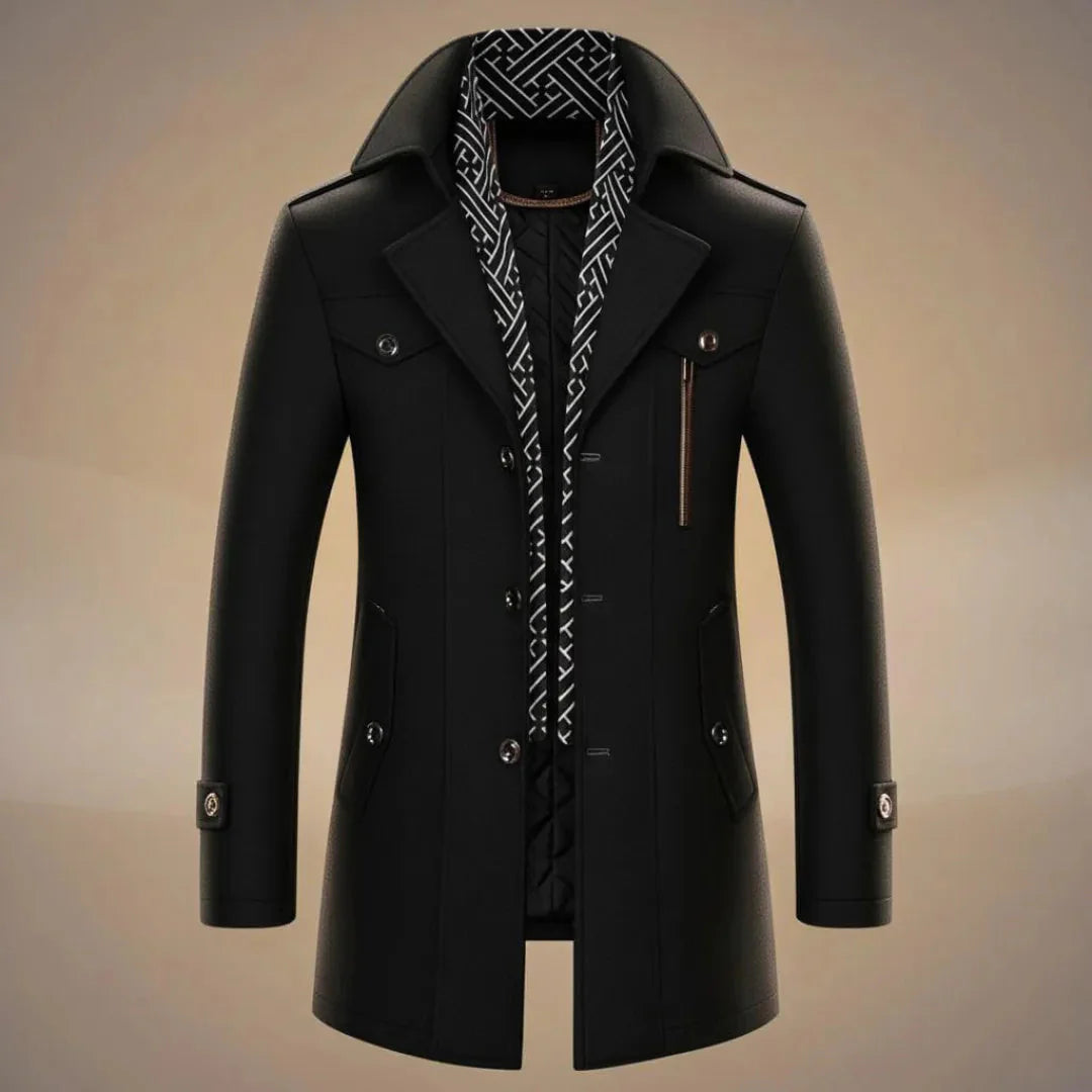Men's long wool overcoat charcoal tailored fit with detachable scarf for city professionals
