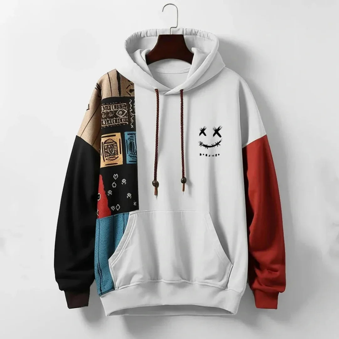 Men's multi-panel color block patchwork hoodie with stitched smile logo, streetwear polyester blend