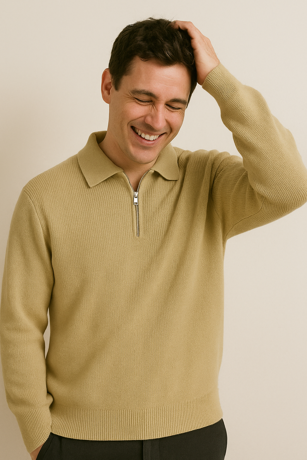 Men's quarter-zip sweatshirt relaxed fit soft knit pullover with ribbed trim casual style